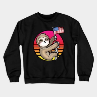 Kawaii Patriotic Sloth Holding USA Flag Retro Sun Crewneck Sweatshirt